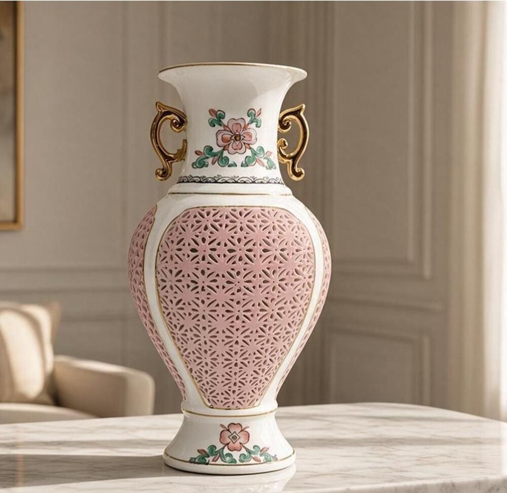 Chinese Style Reticulated Porcelain Vase 8" White Pink Lattice Gold Handles